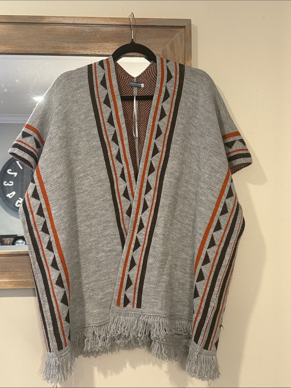 EARTHBOUND Gray Poncho with Orange and Brown Geometric Trim